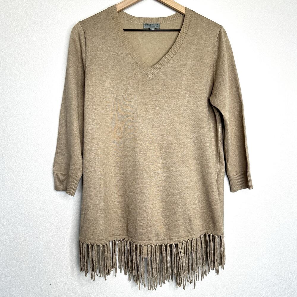 Joseph A. Fringe Knit Sweater Sz L Tan Taupe Boho Festival Indie Cottage